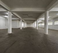 Spacious interior with concrete floor and white columns in warehouses and halls.