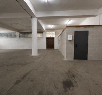 Interiors of warehouses and halls with massive concrete columns and gray walls.