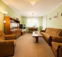 Living room in a 2-room apartment with retro furniture, green walls, armchairs, sofa.