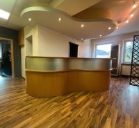 Reception with wooden decor and lighting elements in the production area.