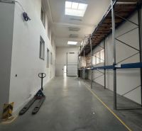 Warehouses and halls with racks and a pallet truck.