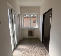 A narrow hallway in a family house with white walls and French doors.