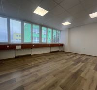 Offices with large windows and wooden decor flooring.
