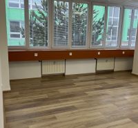 Offices with large windows, wood-patterned flooring, light walls, and a suspended ceiling.