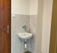 A small sink with tiles and a wooden decor floor in the office.