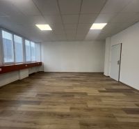 Offices with light walls and wood-patterned flooring, glass windows, and a white ceiling.