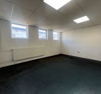 A room with a lowered ceiling, three windows, and a radiator in Warehouses and Halls.