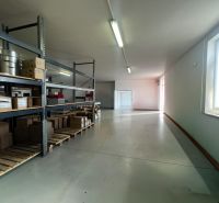 Glass shelves with boxes in warehouses and halls, illuminated by natural light.