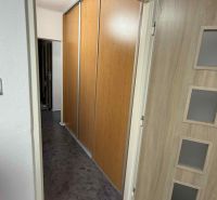An open door in a 4-room apartment with a wood-patterned floor and a built-in wardrobe.