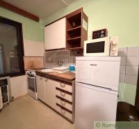 A kitchenette with appliances in a cottage, floor with wood decor.