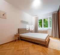 Bedroom in a two-room apartment with a large bed, wooden decor flooring, and a wardrobe.