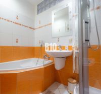 A bathroom in a two-room apartment with dominant orange tiles and a bathtub.