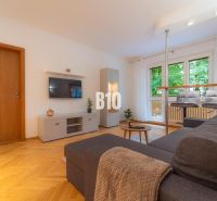 Living room in a 2-room apartment with a wooden decor floor and window seating.