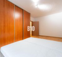 Bedroom with a large wardrobe in a two-room apartment, floor with wood decor.