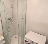 A bathroom with a glass shower enclosure and a washing machine in a 2-room apartment.