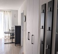 A hallway in a 2-room apartment with a wooden decor floor and curtains.