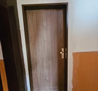 Entrance door with wood decor and black doormat, Studio apartment.