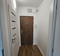 Entrance hallway in a studio apartment with a wood-patterned floor and white walls.