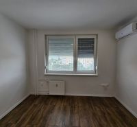 A studio apartment with wood-patterned flooring, air conditioning, and a radiator.
