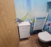 A bathroom with a natural motif and a wooden decor floor in a 3-room apartment.
