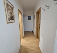 A hallway with light walls and a wooden decor floor in a 3-room apartment.
