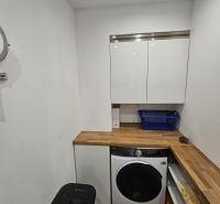 Laundry room in a 3-bedroom apartment with a washing machine, storage spaces, and a floor with a wood decor.