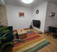 A living room in a 3-room apartment with a colorful carpet and a wooden decor floor.