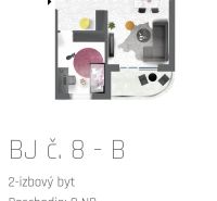 Floor plan of a 2-room apartment with a living room, kitchen, balcony, and bathroom.