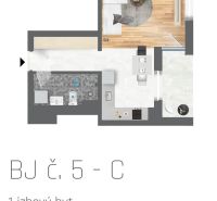 Floor plan of a 1-bedroom apartment with wood-patterned flooring, kitchenette, and bathroom.