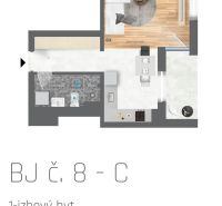 Floor plan of a 1-room apartment with wood-patterned flooring, a kitchen, and a bathroom.