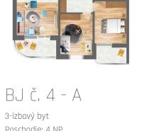 Floor plan of a 3-room apartment with wood-patterned flooring and furnishings.