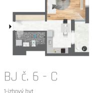 Floor plan of a 1-bedroom apartment with wood-patterned flooring and an equipped kitchen.