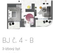 Floor plan of a 3-room apartment with a spacious living room and a balcony, flooring with a wooden decor.