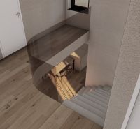 Interior with a staircase, white doors, and a wood-patterned floor.