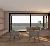 Interior with large windows, a sofa, and a floor with a wood decor, suitable for Real Estate - living.