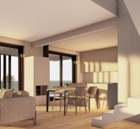 Open living space with a sofa, dining table, and wood-patterned flooring.