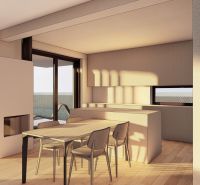 Interior with a table and chairs, with a wooden floor and large windows.