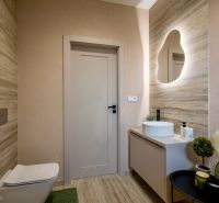 Bathroom in a family house with a sink and LED mirror, with decorative plants.