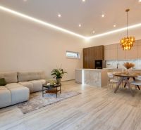 Interior of a family house with an open kitchen, a sofa set, and a wooden decor floor.