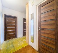 A hallway in a 3-room apartment with wooden doors and a floor with a wooden decor.