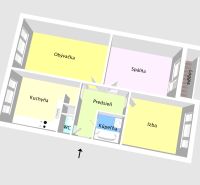 Floor plan of a 3-room apartment with a kitchen, bathroom, and loggia.