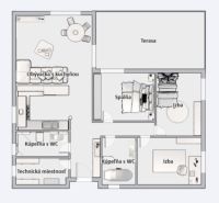 Floor plan of a family house with a terrace, kitchen, bedroom, and bathrooms.