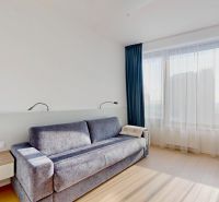 A bright room in a 3-room apartment with a sofa, a table, and a wooden decor floor.