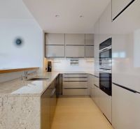 A kitchen in a 3-room apartment with glossy cabinets and a floor with a wood decor.