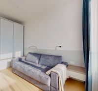 Living room in a 3-room apartment with a sofa, built-in wardrobe, and wooden decor flooring.