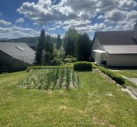 A garden with a lawn and a view of the surroundings in Orlov near family houses.