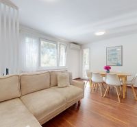 A stylish living area with a sofa, dining table, and wooden decor flooring.