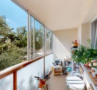 A glazed balcony in a 3-room apartment with plants and a view of greenery.
