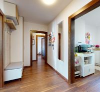 A hallway in a 3-room apartment with a wooden decor floor and spacious doors.
