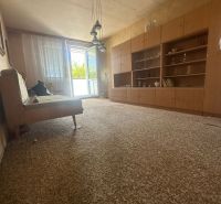 Living room in a two-room apartment with open balcony doors and retro furniture.